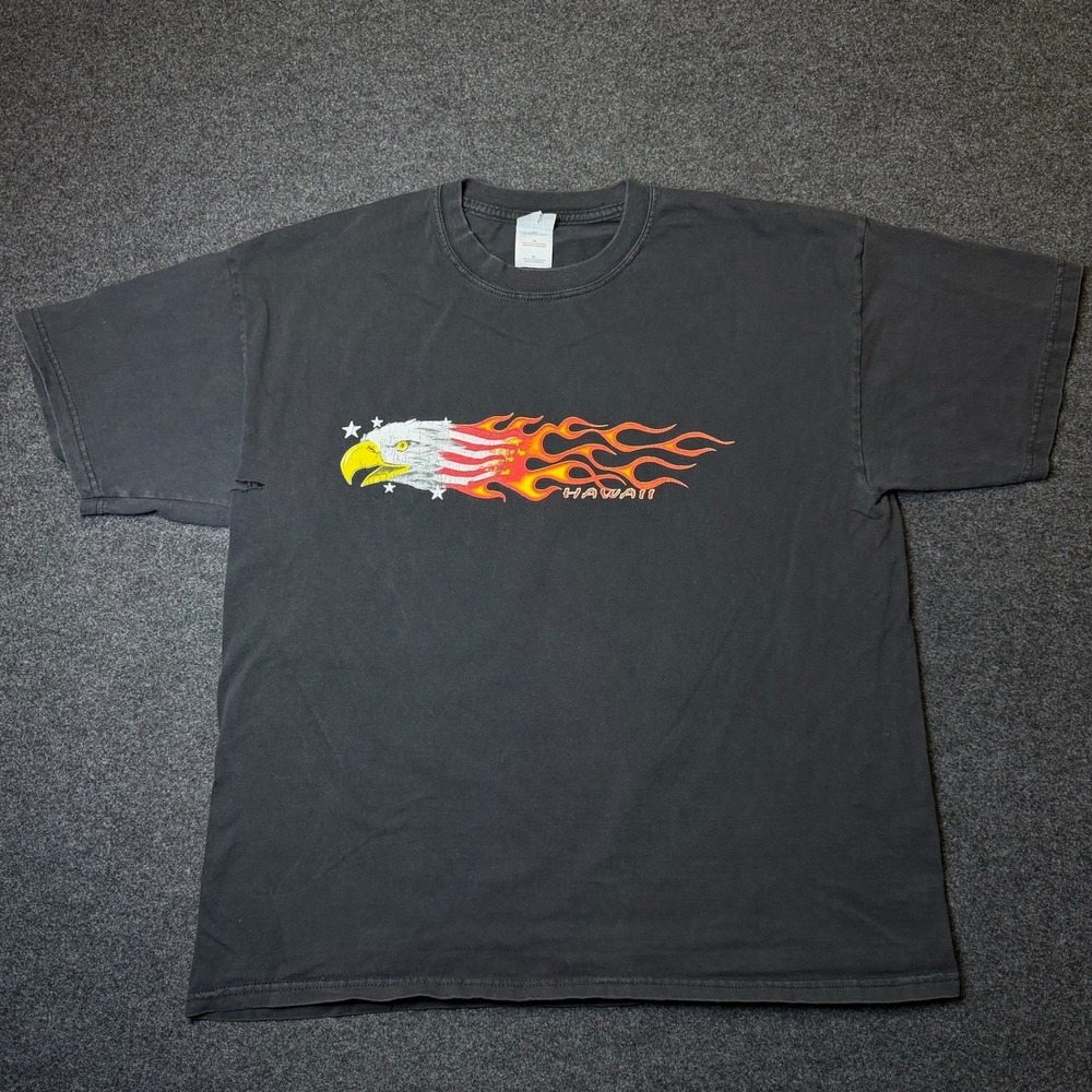 Surf T Shirt Mens XL Black Hawaii Eagle American Flag Flame Graphic Distressed